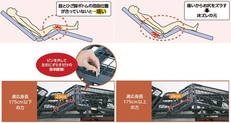 ピンをはずして左右にずらすだけの簡単調節